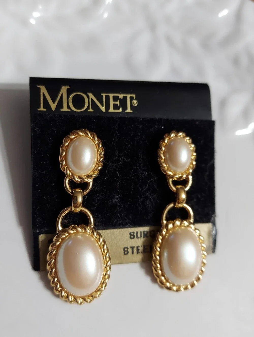 Monet Vintage Textured Gold Tone/Oval Faux Pearl Dbl Drop Earrings
